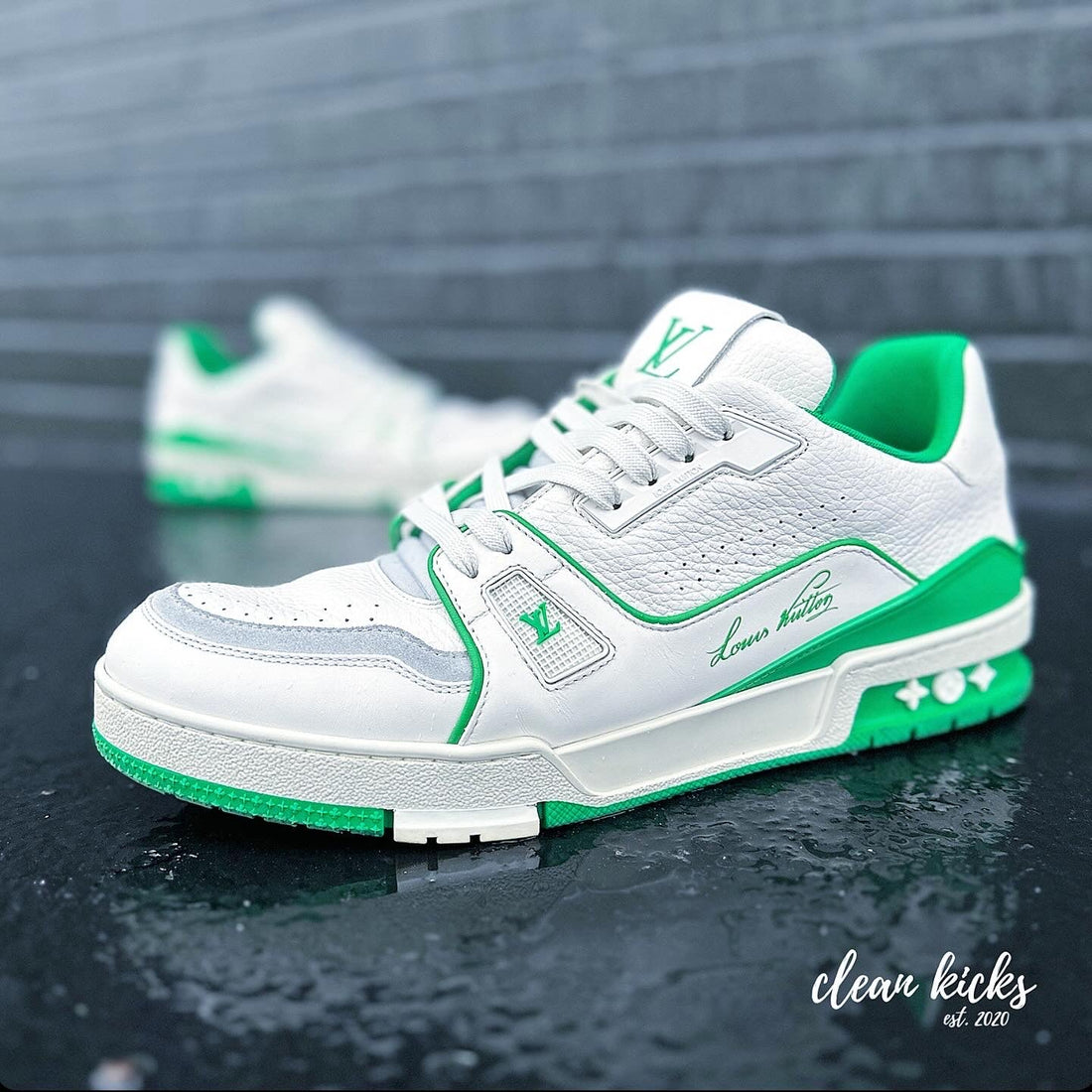 Green and White Louis Vuitton Trainer Green Men's clean kicks Columbus Ohio