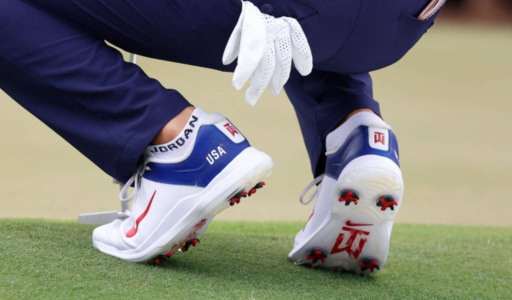 A close up of the shoes worn by USA Presidents Cup golfer Scottie Scheffler. - golf365.com